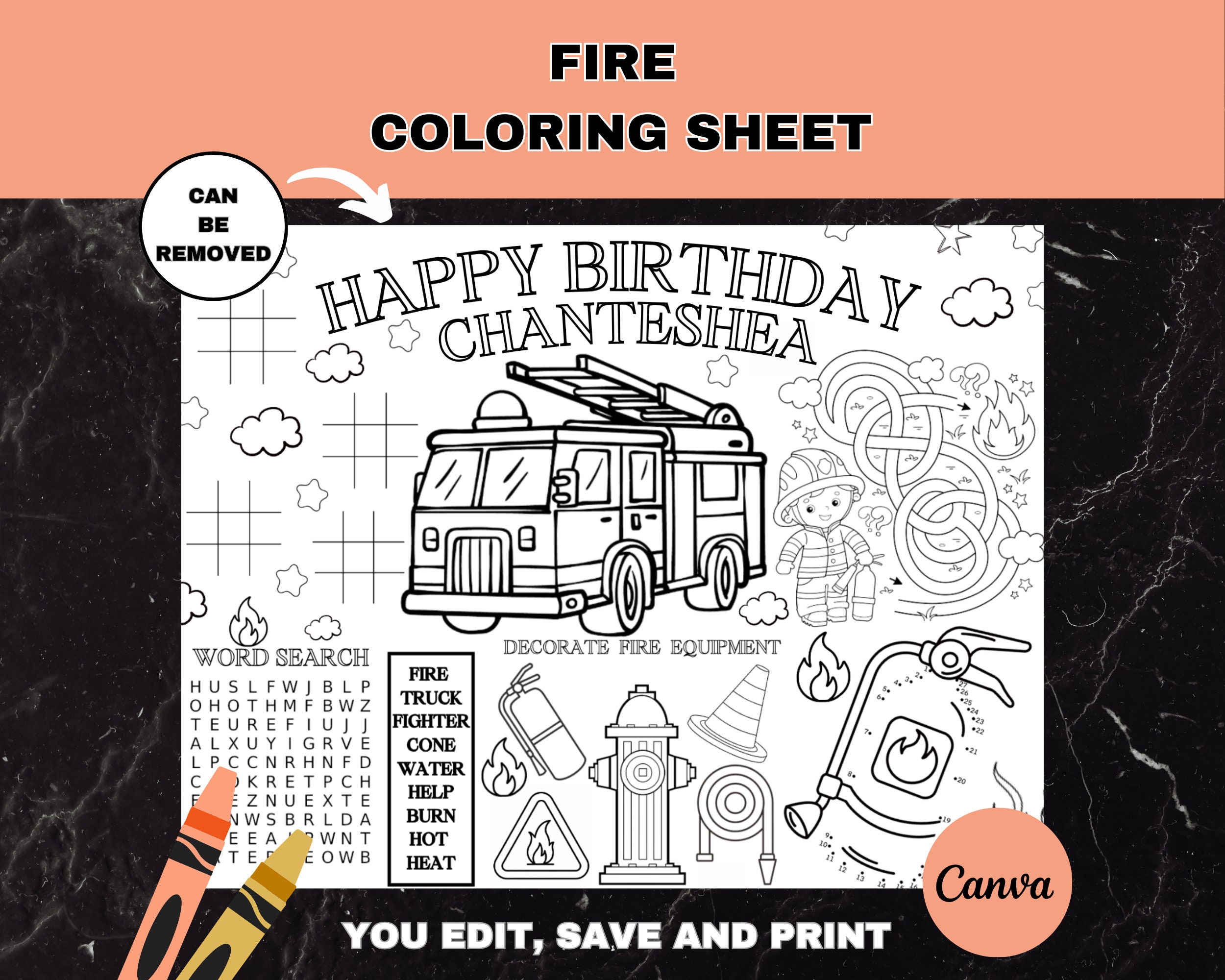 Fire Truck Coloring Birthday Party Placemat | Printable Firefighter ...