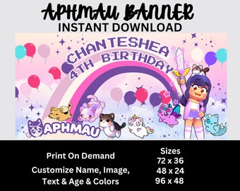 Aphmau-banner verjaardagsfeestje | Aphmau-gamerachtergrond | Feestdecoratie poesjes voor kinderen | Kawaiiposter regenboog | Afdrukbare gunst van Aphmau-meisje