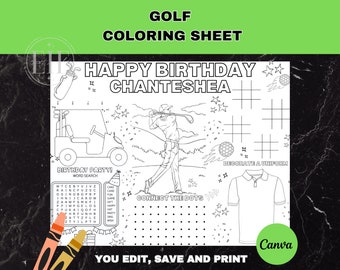 Golf Coloring Birthday Party Activity Sheet | Editable Put Put Placemat | Sports Party Favor | Golf Course Table Game | Par-Tee Color Page