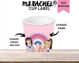Op de afbeelding: Roze papieren beker met een regenboog- en wolkenontwerp. De tekst "Chanteshea's Birthday" staat op de regenboog. Er zijn twee meisjesgezichten op de beker. De tekst "Change Name" staat boven de beker en "Change Image/Add Age" staat onder de beker.
