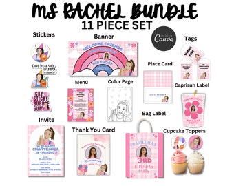 Op de afbeelding: Een roze en witte printbare feestbundel met een regenboogbanner, cupcaketoppers, een menu, een bedankkaart, een kleurplaat, een taslabel, een plaatskaart, een Capri-Sun-etiket en stickers. Het thema is een meisjesverjaardagsfeest met de naam Chanteshea en de leeftijd 3.