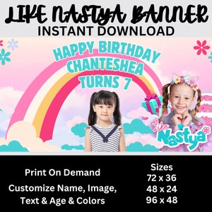 Add a touch of Colorful Rainbow charm to your birthday celebrations with our customizable banners! Personalize your party décor effortlessly. Explore our Like Nastya collection now!