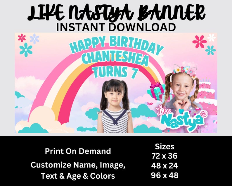 Add a touch of Colorful Rainbow charm to your birthday celebrations with our customizable banners! Personalize your party décor effortlessly. Explore our Like Nastya collection now!