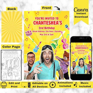 Uitnodiging verjaardagsfeestje Danny Go | Aangepaste uitnodiging voor kindershow | Mindy Mango en Gerald Kleurenpagina | Danny Go-kaart | Digital Evite Bearhead