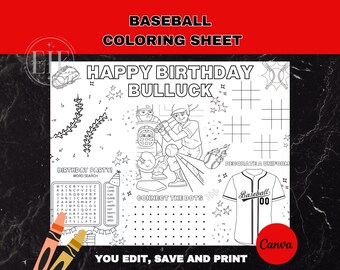 Op de afbeelding: Een zwart-wit kleurplaat met honkbalthema met de tekst "BASEBALL COLORING SHEET" en "HAPPY BIRTHDAY BULLUCK". Bevat een woordzoeker, verbind de stippen en een honkbaluniform om te versieren. De tekst "YOU EDIT, SAVE AND PRINT" is ook zichtbaar.
