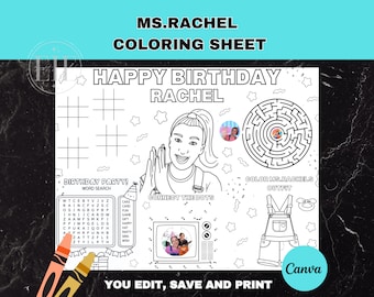 Op de afbeelding: Een printbare kleurplaat met een meisje met een paardenstaart en de woorden "Happy Birthday Rachel". De plaat bevat een woordzoeker, verbind de stippen en een doolhof. Er is ook een gedeelte om de outfit van het meisje in te kleuren.