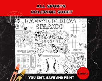May include: A black and white colouring sheet with a sports theme. The sheet features a birthday message, a word search, a connect the dots activity, and a maze. The text on the sheet reads "Happy Birthday Orlando" and "I Sports!"
