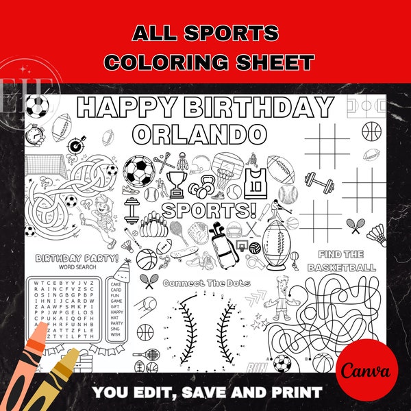 Sports Birthday Party Coloring Placemat | Football Color Activity Sheet | Soccer Party Favor | Baseball Kids Party Game | Basketball Mat