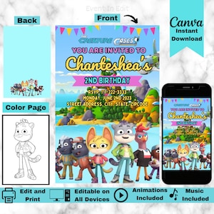 Invito alla festa di compleanno di custodie per creature / Invito per spettacolo personalizzato per bambini / Pagina a colori dell'agente Sam e del kit / Scheda custodia per creature / Evite digitale per animali