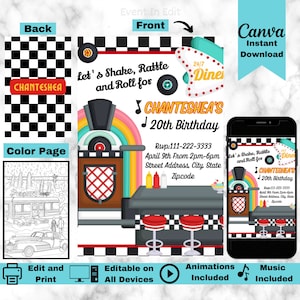 Convite de aniversário retro do comensal de <br> Crie Seu Próprio Produto! O chocalho editável da agitação & o rolo convidam | lúpulo da peúga do 50s 60s cartão comemorativo | Página para colorir dos anos 50 | Convite Pin-Up
