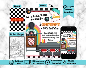 Retro Diner Birthday Party Invitation | Editable Shake Rattle & Roll Invite | 50s 60s Sock Hop Card | Fifties Coloring Page | Pin Up Invite