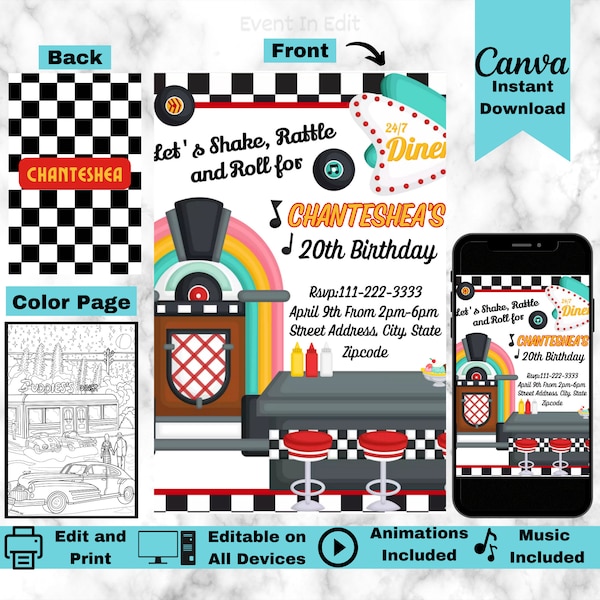 Retro Diner Birthday Party Invitation | Editable Shake Rattle & Roll Invite | 50s 60s Sock Hop Card | Fifties Coloring Page | Pin Up Invite