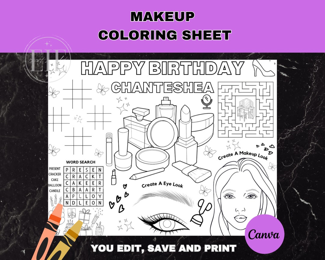 Makeup Coloring Birthday Party Activity Sheet | Editable Cosmetics ...