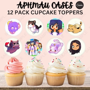 Aphmau Birthday Party Cupcake Toppers | Kawaii Kitties Party Favor | Girl Kid Gamer Decor Decals | Aphmau Block Character Party Decoration