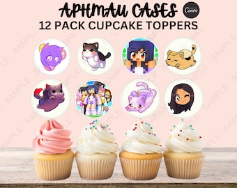 Aphmau-cupcaketoppers voor verjaardagsfeestjes | Feestbedankje Kawaii Kitties | Sticker gamer decor meisje kind | Aphmau-feestdecoratie met blokkarakter