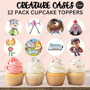 May include: Twelve cupcake toppers featuring characters from the animated series "The Creature Cases". The toppers are round and printed with colorful images of the characters. The text "The Creature Cases" is printed on one of the toppers.