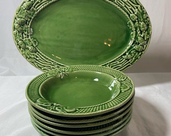 Vintage Bordallo Pinheiro Rabbit Majolica Green Set - 6 Bowls & Oval Platter