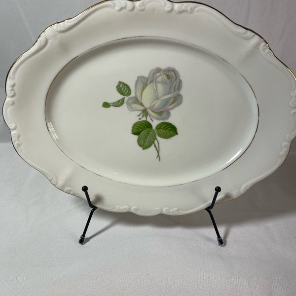 Vintage John Haviland Bavaria Germany 12" White Rose Oval Serving Platter