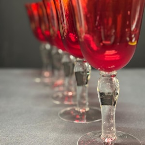 Set of 5 Handblown Ruby Red Bell-Shaped Goblets with Clear Stems – Elegant Vintage Glassware