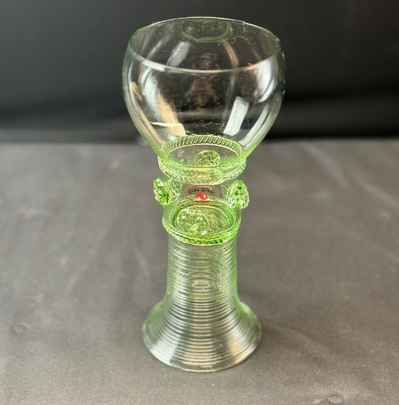 Vintage Handcrafted Roemer Green Glass by Olda Glass - Czech Republic - Hollow Beehive Stem & Applied Prunts - 7