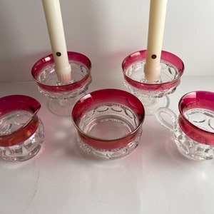 Vintage Tiffin Franciscan Ruby Flash 5 Piece Table Set - 2 Candle Holders, Creamer, Sugar Bowl, Candy Dish - Kings Crown Holiday Décor