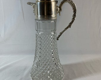 Vintage Claret Decanter with Faceted Diamond Design Cut Crystal Glass Body and Silver Plated Handle and Lid