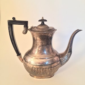 Vintage CHELTENHAM EPNS Silver Plated Coffee Pot - Ribbed Bottom, Ornate Handle, Gooseneck Spout - Sheffield England