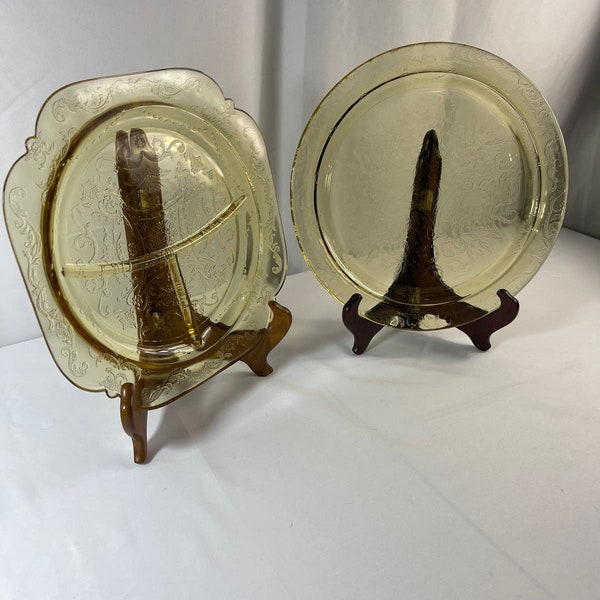 Vintage Yellow Depression Glass Divided Plate and Serving Plate Set