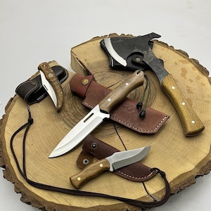 4 pieces Outdoor And Camping Equipment Set Bushcraft Knife Handmade Pocket Knife Camping Ax Necklace Knife, Camping Gift Knife Razor Sharp