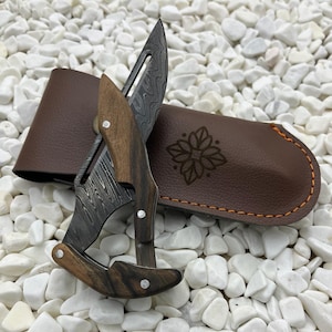 Collectible Knife Damascus Custom Engraved Folding Knife Pocket Knife and Case Custom Gift For Men Hunting Gift For Him Groomsmen Knife
