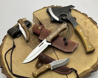Juego de cuchillos bushcraft hechos a mano: hacha de camping, cuchillos de bolsillo y cuchillos de collar