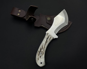 Handmade Deer Antler Handle Knife: Stainless Steel Hunting Knife with Leather Sheath