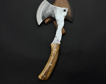 Hand Forged Carbon Steel Hatchet: Viking Bearded Axe with Olive Handle