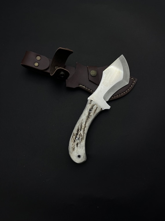 Handmade Deer Antler Handle Knife: Stainless Steel Hunting Knife with Leather Sheath