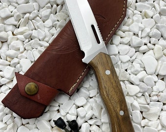 Custom Engraved Bushcraft Knife: Full Tang Hunting Knife with Leather Sheath