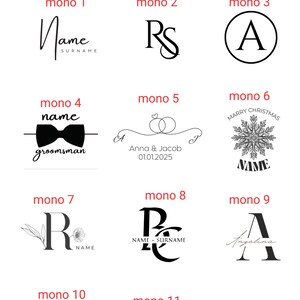 May include: A graphic showing 12 different monogram styles for personalization. The styles include a variety of fonts, designs, and layouts. The text "Hello, choose the monogram you want and write your personalization, I will engrave it on the blade of your product for free!!" is at the top of the graphic.