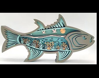 Décoration d'intérieur en bois corail poisson de mer lumière LED 3D Veilleuse LED - Artisanat animalier/figurine/statue en bois