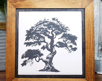 May include: A square wall art piece featuring a white ceramic tile with a black ink illustration of a gnarled bonsai tree. The tile is set within a dark inner frame and a wider, natural-toned light brown wooden outer frame with a visible grain.