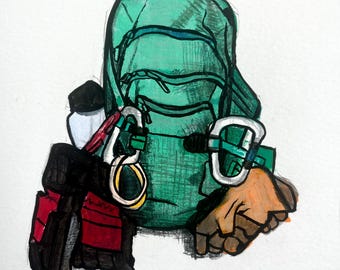 Klettermaterial Illustration – Originale Mixed-Media Zeichnung/Malerei – Abenteuer & Outdoor Wandkunst