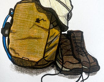 Illustration minimaliste d'équipement de randonnée - Dessin de sac à dos et de bottes - Art d'aventure en plein air - Cadeau pour amoureux de la nature