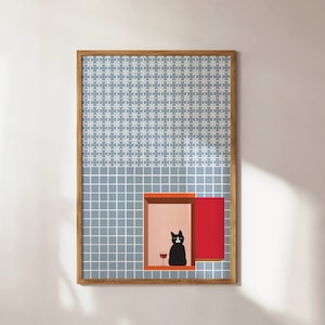 Freche Katzen Poster ; lustige druckbare Kunst portugiesische Fliesen Wandkunst druckbare Sommerposter süßes Plakat flippige Plakat Katzenplakat