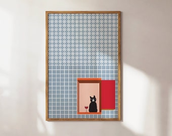 Sassy cat poster printable ; quirky printable art portugese tiles wall art summer printable poster cute poster funky poster cat poster