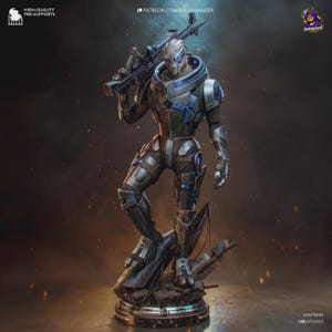 Puede incluir: Figura detallada de un extraterrestre humanoide con armadura futurista, sosteniendo un rifle. La figura es predominantemente plateada y negra con detalles azules. La base es una estructura rocosa detallada. El texto en la imagen incluye "HIGH-QUALITY PRE-SUPPORTS" y "PATREON.COM/BULKAMANCER".