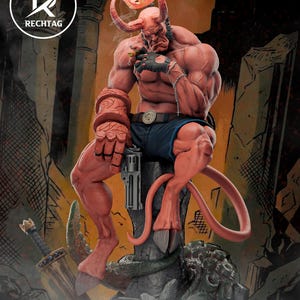 Hellboy handmålad figur, röd demonstaty, serietidningssamlarobjekt, paranormal hjältefigur, mörk fantasy-display, nördgåva