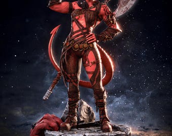 Tiefling Barbarian Inspired Hand Painted Figure, Fiery Female Warrior Statue, Fantasy RPG Collectible, Horned Heroine Figurine, Gamer Gift