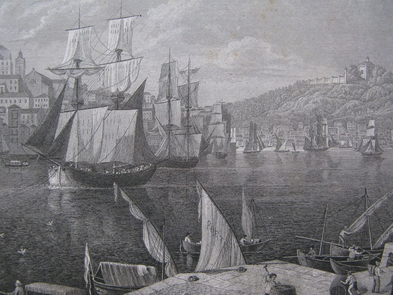 Portugal original Antique Print Engraving OPORTO PORTO PORTOGALLO ships boat image 1