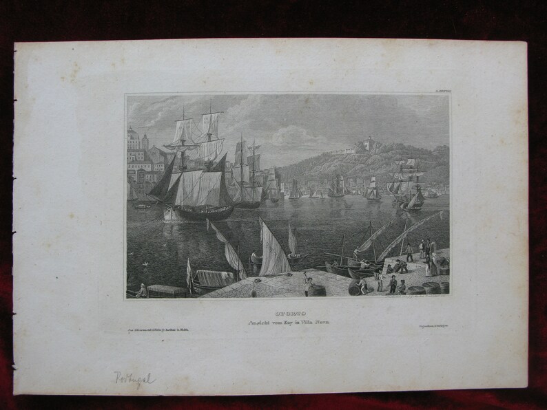 Portugal original Antique Print Engraving OPORTO PORTO PORTOGALLO ships boat image 2