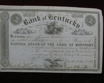 1847 BANK of KENTUCKY stock certificate 30 shares USD100 Louisville USA bond