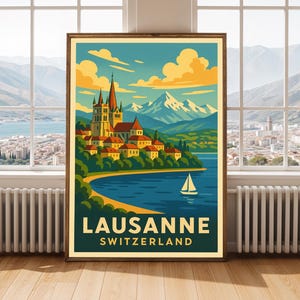 Lausanne Cathedral | Vintage Gouache Painting Poster | Blue-Green-Yellow Decor | Living Room Wall Art