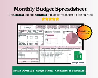 Puede incluir: Una plantilla de hoja de cálculo de Google Sheets rosa y blanca para crear un presupuesto mensual. La hoja de cálculo incluye secciones para ingresos, gastos, ahorros y un generador de presupuesto. El texto "Creado por un Contador" aparece en una estrella amarilla.